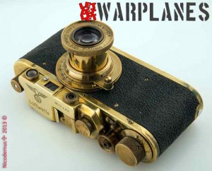 The camera that made German wartime photographers famous: the Leica IIIf; here in Luftwaffe version. There are a lot of fakes where standard Leica IIIf's were refurbished as Luftwaffe camera since they had a much higher price for collectors. Most likely the camera on this picture also is a fake! Photo credit- Nicodemus Roger