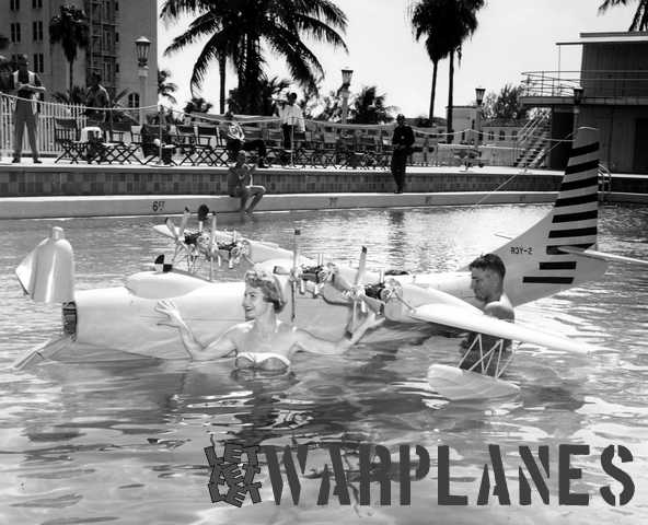 A flying model of the Tradewind with Bowloader conversion is here promoted in a swimming pool by movie star Esther Williams. (Mark Nankivil collection)