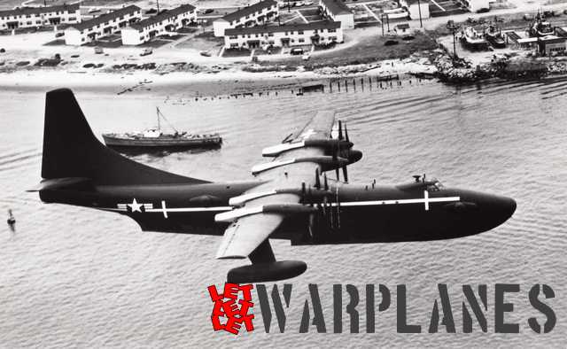 The XPB5Y-1 flying low over the San Diego bay in California. The white lines on the fuselage were applied to make optical tracking easier. (Consolidated Vultee photo A 1452A)