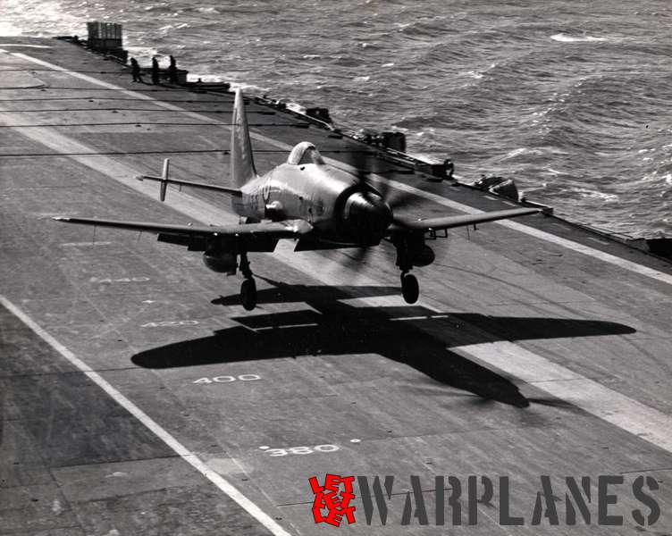 Deck landing of the final Wyvern S.4 with the additional stabilizers on the horizontal tail