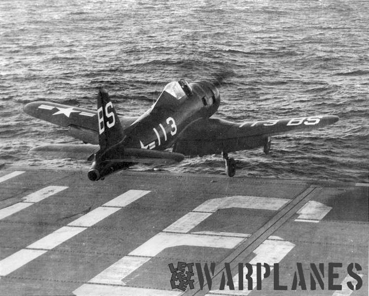 FR-1 BS113 from VF-1E being launched from the deck of aircraft carrier USS Bandoeng Strait in 1947.