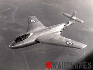 The P.1052 VX272 during the initial flight phase in bare metal colours and with straight tail surfaces without the tail bullet fairing fitted.