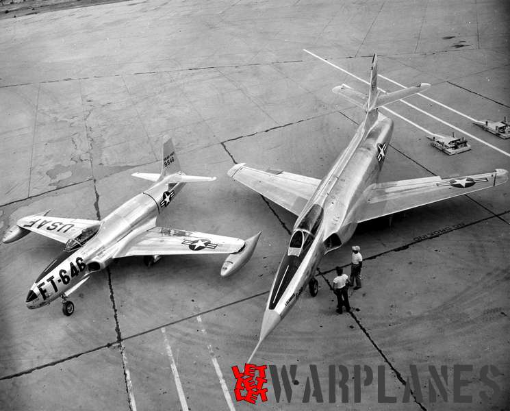 The first XF-90 on the Edwards AFB platform in company with its chase plane, a Lockheed F-80 Shooting Star.