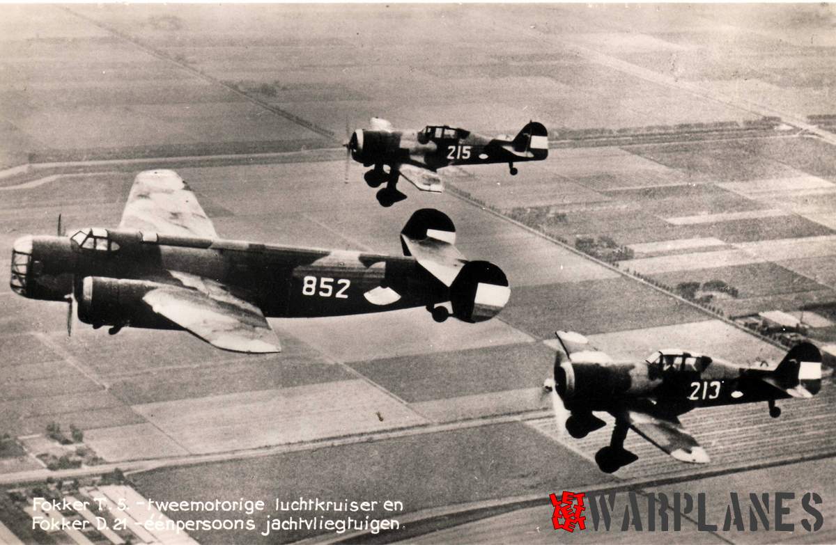 Pre war postcard show standard combat formation of the Fokker T. V bomber, escorted with Fokker D. XXI fighters. This is proven good in the later war.