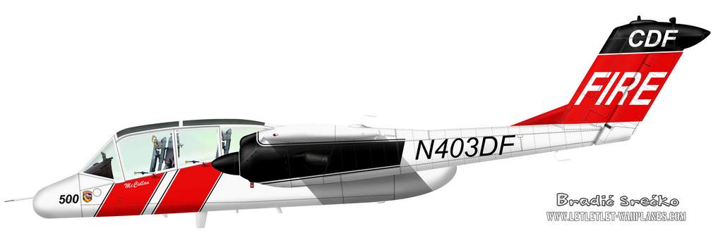 Bronco as N403DF, firefighter service. This is one of variation painting, other include different angle of red black stripe under the cockpit and red band is used over the wing tips.