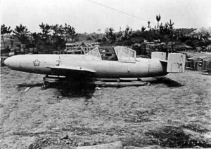 Abandoned Ohka plane at Okinawa, 1945. Cherry Blossom insignia is clearly visible on the front of the fuselage.