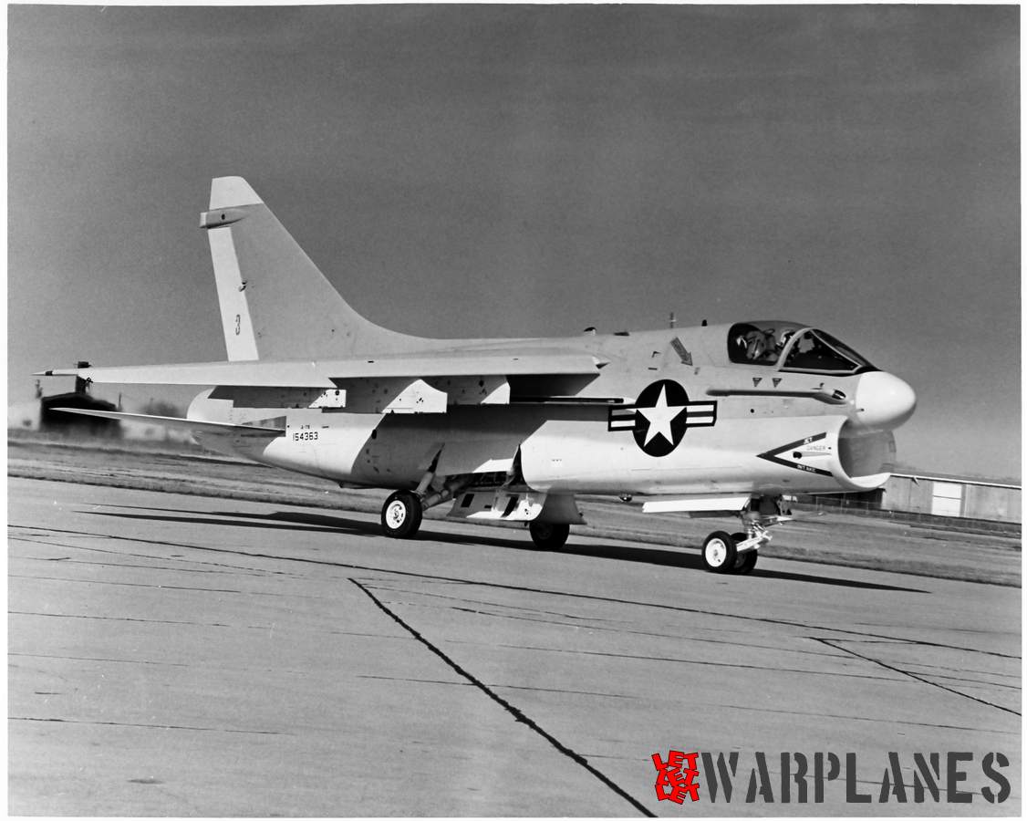 A-7B 154363 on ground, note in flight refueling probe on the starboard side bellow the canopy as well side missile rail under the central wing section