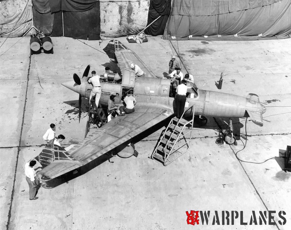 Preparations for the first engine test rums of the first XP-55 prototype. As we can see it was not yet painted in its final military colors. (Mark Nankivil collection)